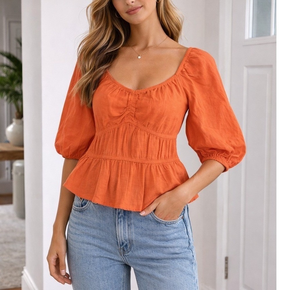 A New Day Orange Linen Peplum Blouse XS Puff Sleeve‎ Flattering Summer  Chic Top